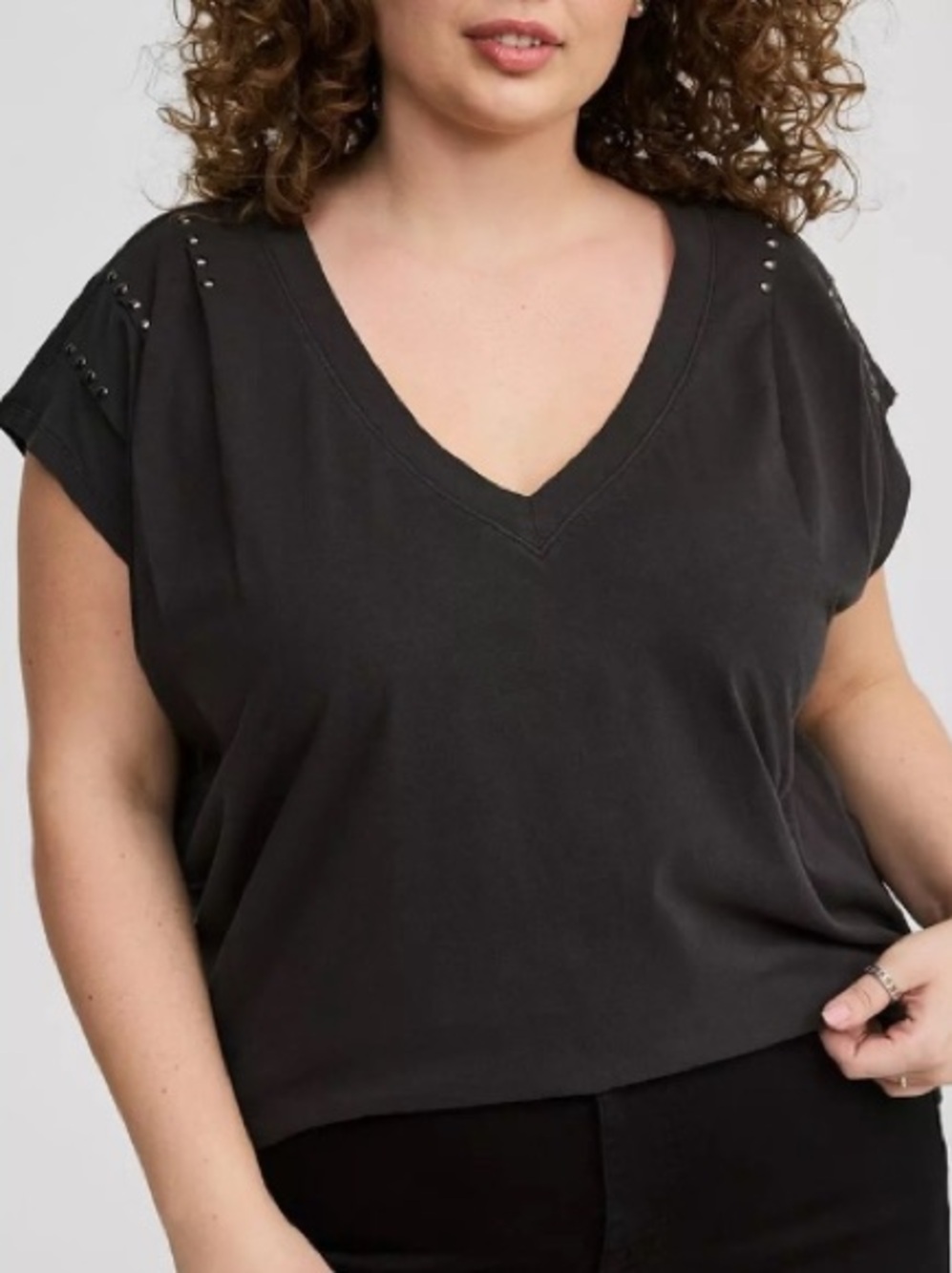 torrid Black V-Neck Tee with Shoulder Stud Detail